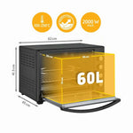 Minihorno TZS First Austria 60 L 2000 W, horno para pizza, 230 °C, 6 modos, temporizador de 60 min, 4 alturas de inserción, bandeja de horno, rejilla, asador giratorio, A++