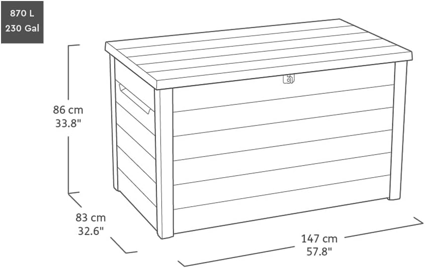 Arcón para exteriores Keter Ontario 870 litros | 100% impermeable con ventilación para evitar malos olores y moho | Aspecto de madera moderno | Tapa con amortiguadores de gas