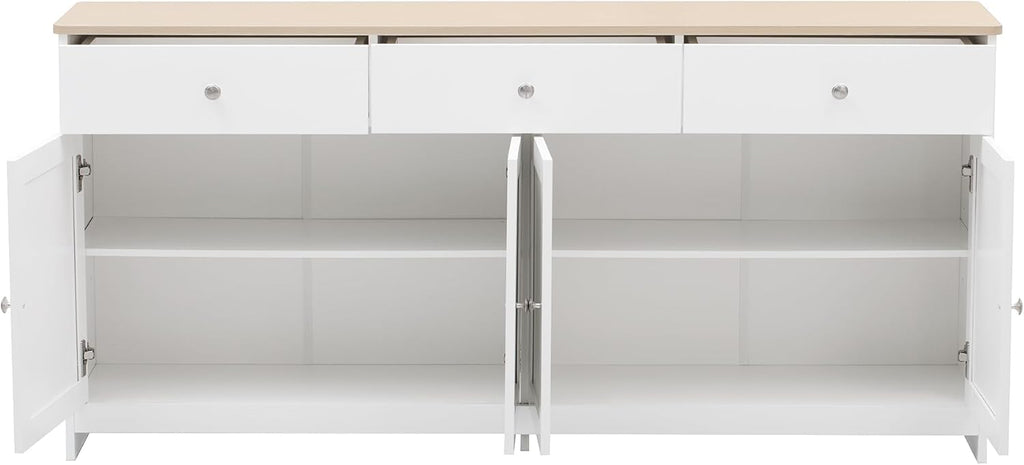 Ymkua Sideboard, Buffetschrank, Kommode für Wohnzimmer und Esszimmer, Aufbewahrungsschrank mit 4 Türen und 3 Schubladen, Moderner Wohnzimmerschrank, 160x37x75 cm, Holz und Weiß