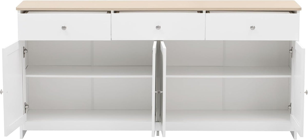 Ymkua Sideboard, Buffetschrank, Kommode für Wohnzimmer und Esszimmer, Aufbewahrungsschrank mit 4 Türen und 3 Schubladen, Moderner Wohnzimmerschrank, 160x37x75 cm, Holz und Weiß