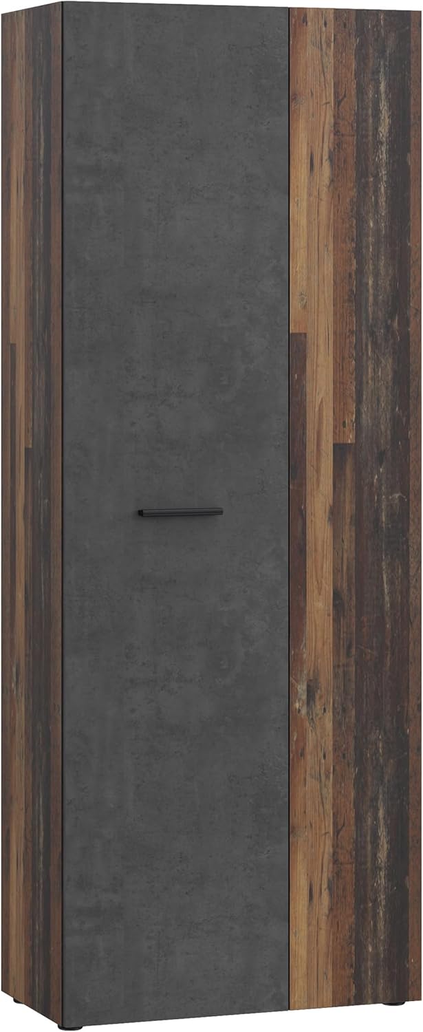 Forte NET106 Schrank 70 180, Mehrzweckschrank, Staubsaugerschrank, Abstellraum, Drehtürenschrank, 2-türig mit Einlegeböden, Beton-/Holzdekor Vintage Eiche, 68,7 cm breit x 181,1 cm hoch x 36,5 cm tief