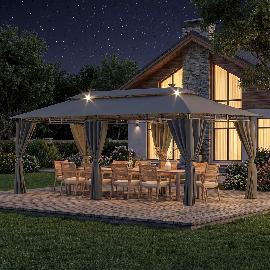 Devoko Garden Pavillon 3x6 Wasserdicht Stabil Winterfest Deluxe Gazebo, UV-Schutz 50+ Doppellagiges Grilpavillons mit seitenwänden für 10-20 Personen, Partyzelt für Freizeit, Partys, Grau mit LED