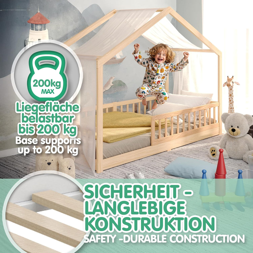Cama infantil CADANI Malte 90x200 cm – Cama casita con barrera de seguridad extraíble, capacidad de carga de hasta 200 kg, somier de láminas enrollable, cama Montessori a ras de suelo de madera maciza de pino, natural