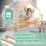 Cama infantil CADANI Malte 90x200 cm – Cama casita con barrera de seguridad extraíble, capacidad de carga de hasta 200 kg, somier de láminas enrollable, cama Montessori a ras de suelo de madera maciza de pino, natural