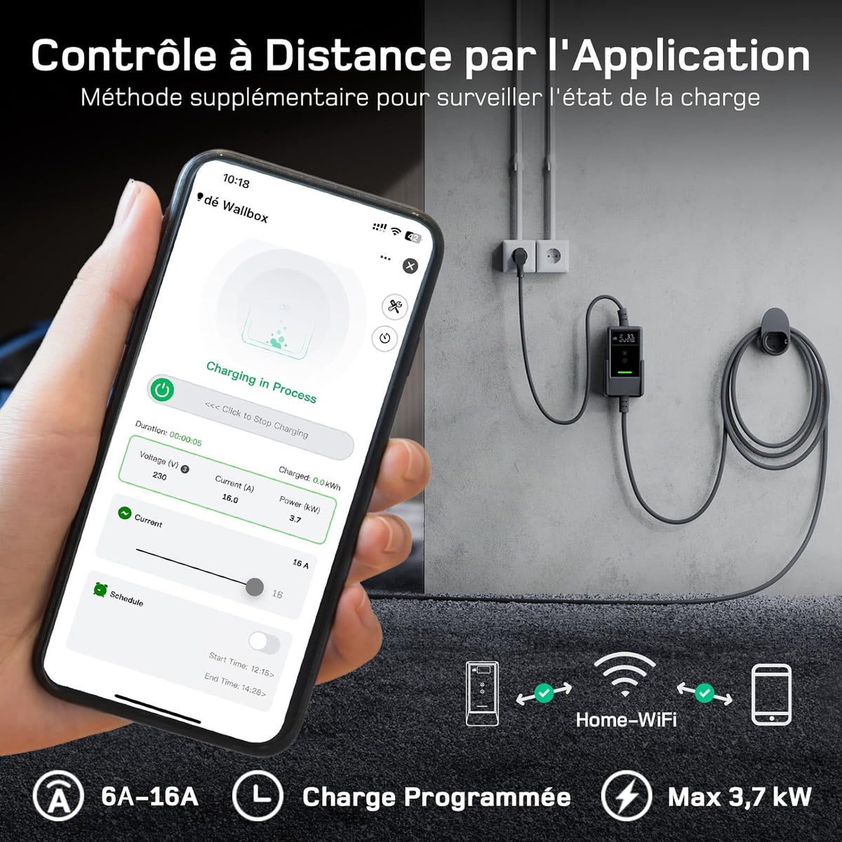 Cargador de coche eléctrico con APP 3,7kW [15m, 6-16A], cable de carga para coche eléctrico con soporte de pared, cargador Tipo 2 con pantalla LCD digital, compatible con E-208, Model Y, E-Tech y otros vehículos eléctricos/híbridos enchufables (EV/PHEV)