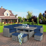 Conjunto de muebles de comedor para patio de 7 piezas de ratán con sofá seccional, mesa de comedor, otomanas y cojines