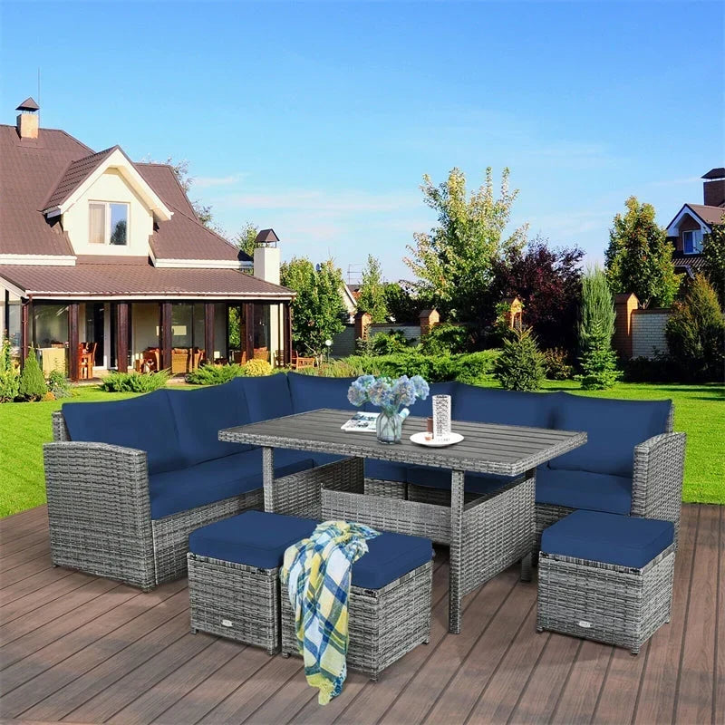 Conjunto de muebles de comedor para patio de 7 piezas de ratán con sofá seccional, mesa de comedor, otomanas y cojines