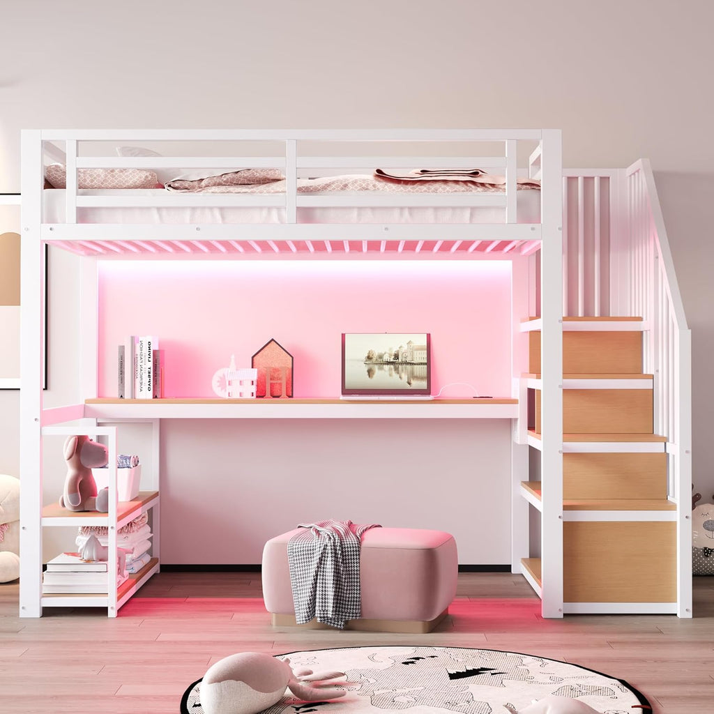 Cama alta de metal Kebnor con escalera de almacenamiento con estantes y mesa, diseño de valla de seguridad con tablones de metal empalmados, cama con estructura de hierro alta con marco de metal para mayor estabilidad (Blanco 90 * 200 cm)