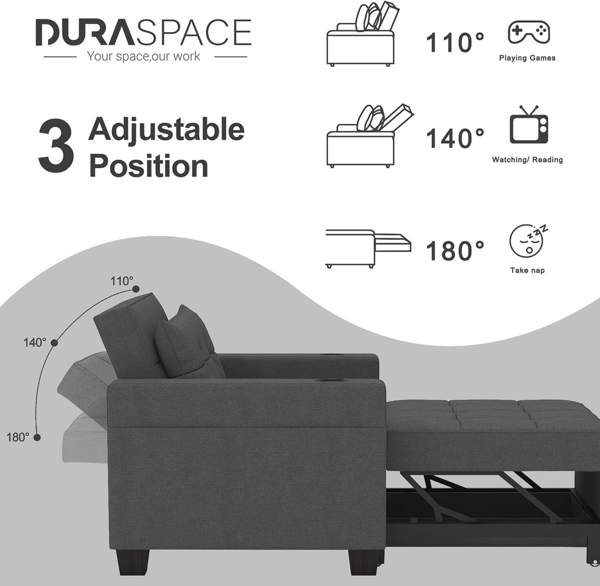 Sillón cama DURASPACE, silla convertible 3 en 1, sillón cama extensible, sofá cama con puertos USB, bolsillo lateral, portavasos para espacios pequeños (gris oscuro)