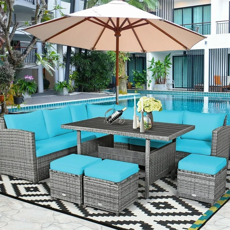 Conjunto de muebles de comedor para patio de 7 piezas de ratán con sofá seccional, mesa de comedor, otomanas y cojines