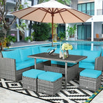Conjunto de muebles de comedor para patio de 7 piezas de ratán con sofá seccional, mesa de comedor, otomanas y cojines
