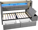 Cama nido, sofá cama, 90 × 190 cm, con dos cajones, puertos USB y tipo C, compartimento de almacenamiento, banco de almacenaje a los pies de la cama, tira de luz LED, sin colchón, terciopelo, gris oscuro