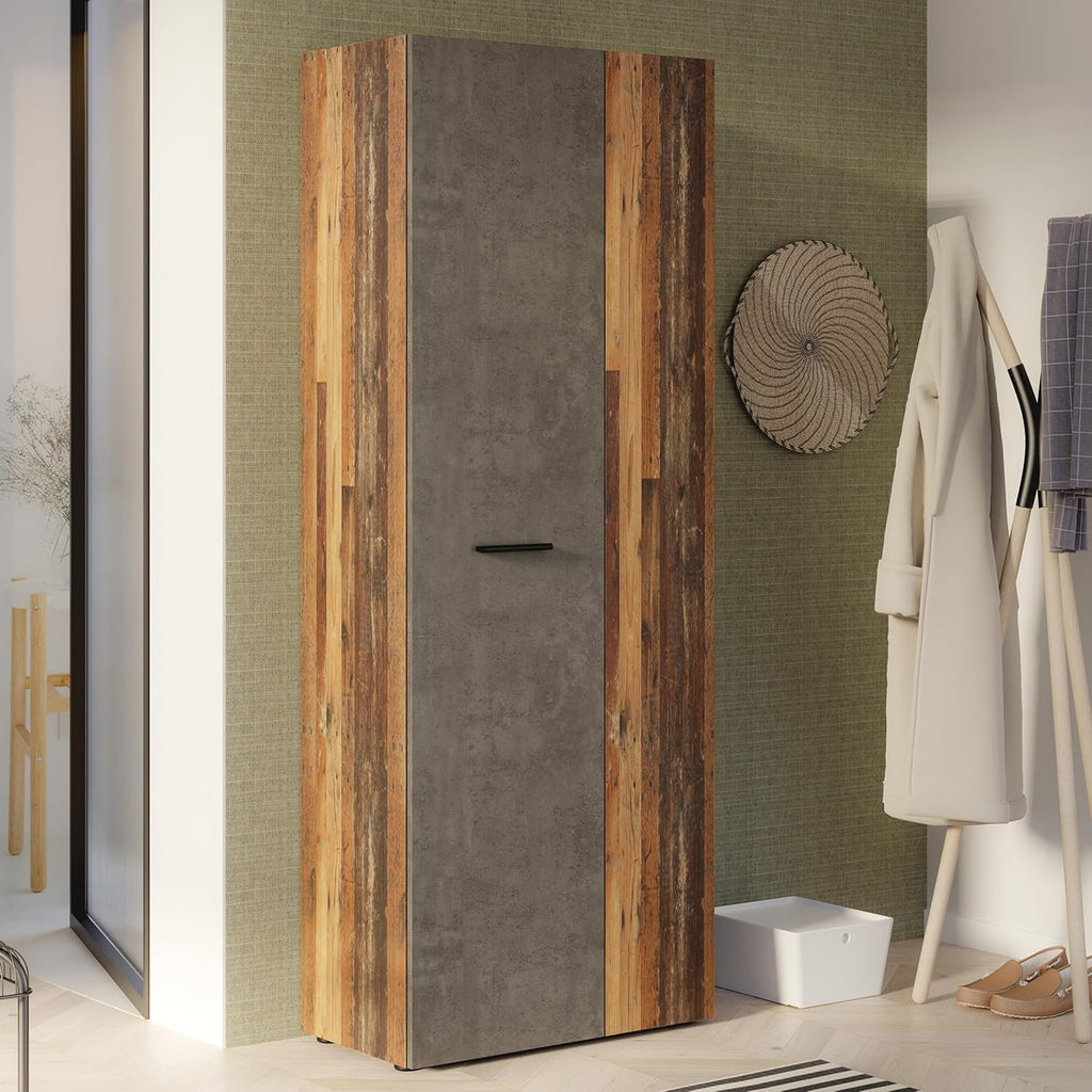 Forte NET106 Schrank 70 180, Mehrzweckschrank, Staubsaugerschrank, Abstellraum, Drehtürenschrank, 2-türig mit Einlegeböden, Beton-/Holzdekor Vintage Eiche, 68,7 cm breit x 181,1 cm hoch x 36,5 cm tief