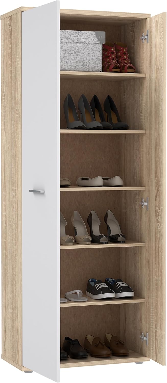 FORTE NET106 Armario 70, zapatero, armario ropero, trastero, armario de puertas batientes, 2 puertas con estantes, blanco con decoración en madera: roble Sonoma, 69 cm de ancho x 179 cm de alto x 35 cm de profundidad