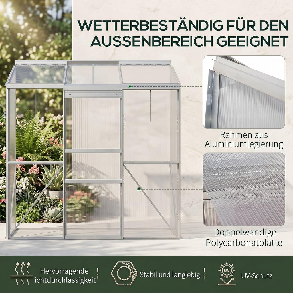 Invernadero Outsunny de policarbonato y aluminio con puerta corredera, ventanas de techo abatibles, invernadero para tomates, casa para plantas, para jardín, 192 x 68 x 196 cm, plateado