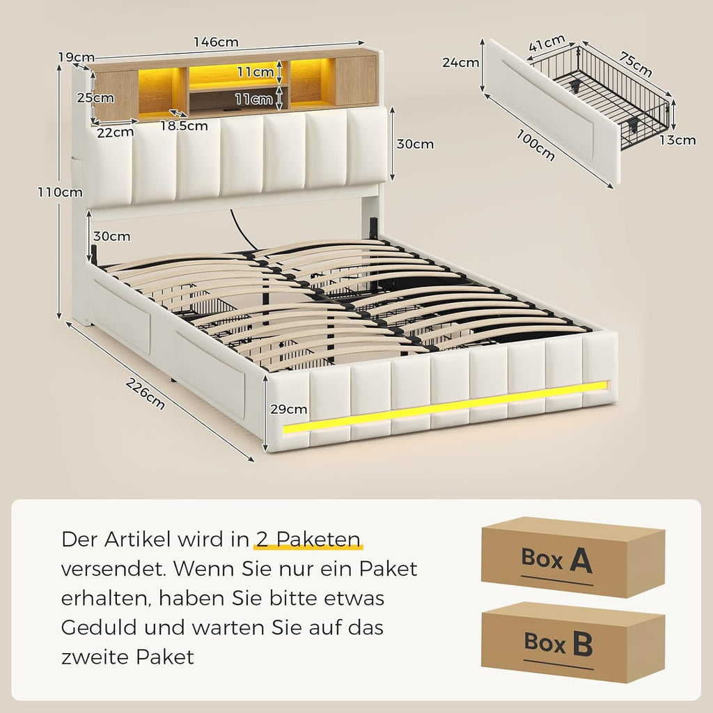 Cama KIMENICH 140x200 cm, estructura de cama doble, cama con iluminación LED, cama tapizada, 4 cajones, estación de carga, marco de metal y cabecero de madera con almacenamiento, para dormitorio, habitación de invitados, blanco + natural