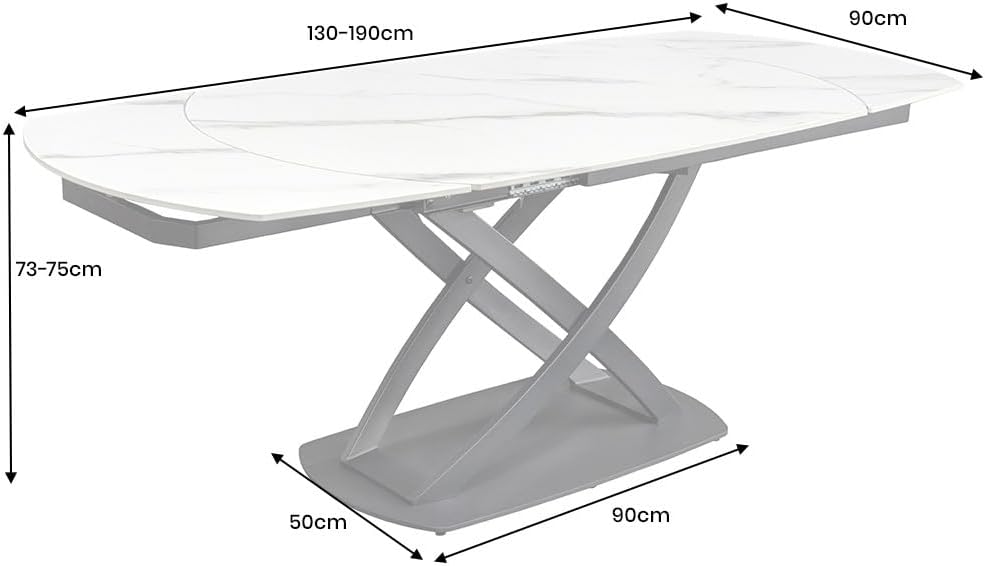 Mesa de comedor extensible Riess Ambiente Inception - 130–190 cm - blanca - ovalada, cerámica con efecto mármol blanco, estructura de metal negro