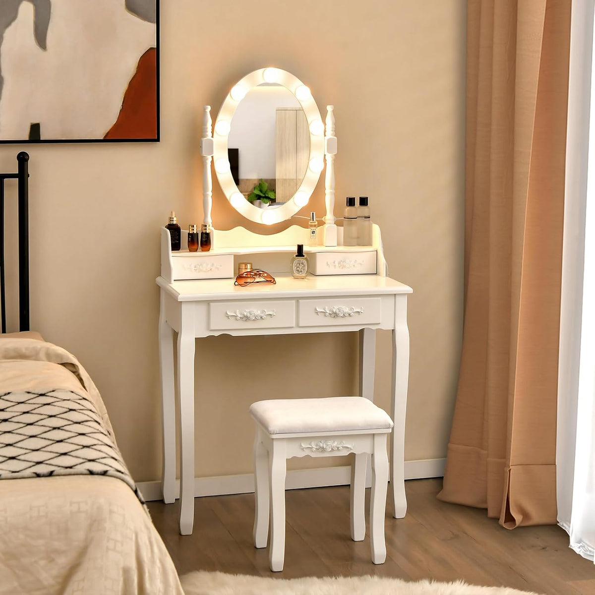 Tocador COSTWAY con iluminación LED, brillo  ajustable, mesa de maquillaje con 4 cajones, taburete y espejo giratorio de 360°, mesa de cosméticos para dormitorio (blanco)