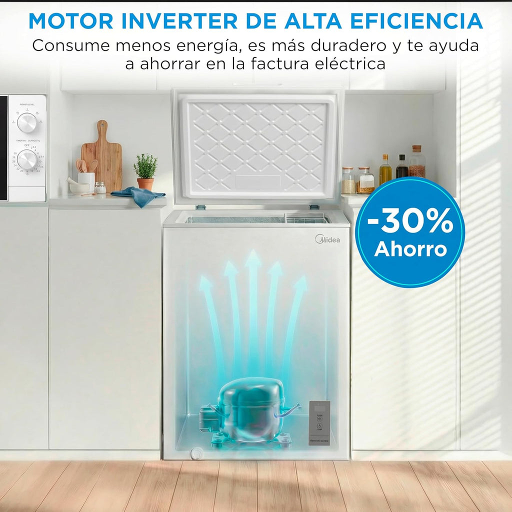 Congelador horizontal MIDEA, 143 l, convertible en frigorífico con motor inverter, control electrónico de temperatura, cestas con asa, silencioso, 37 dB, ahorro de energía