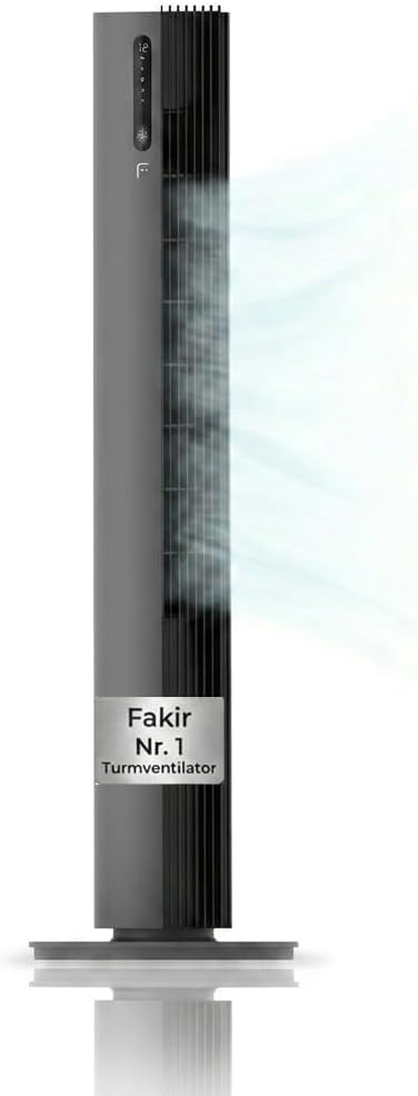 Ventilador de torre Fakir Premium TV° 640 - Ventilador silencioso de 32dB(A), motor CC, 12 niveles, temporizador de 12h, pantalla LED, mando a distancia y oscilación de 90°, purificación de aire, 450m³/h, 110cm de altura, color: antracita