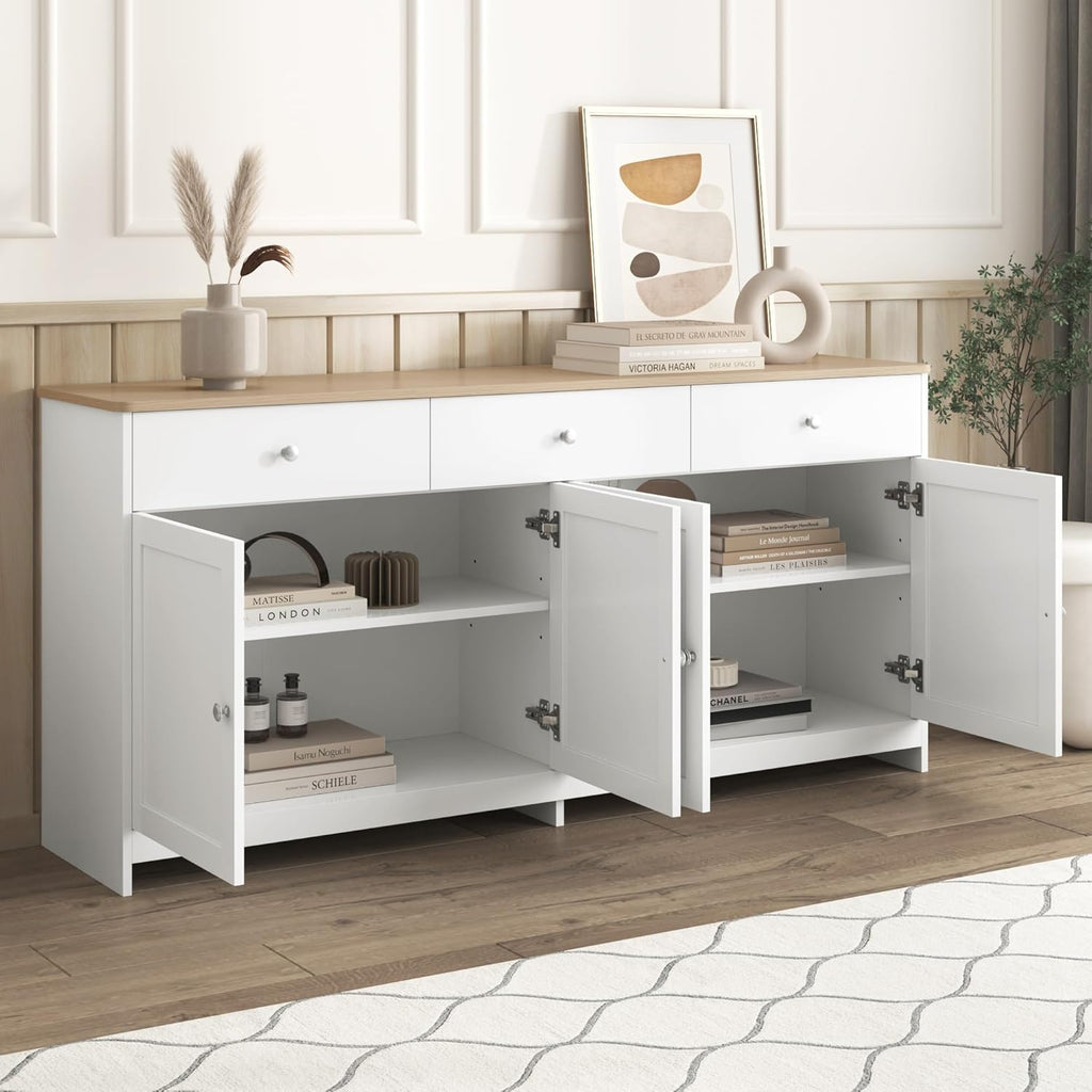Ymkua Sideboard, Buffetschrank, Kommode für Wohnzimmer und Esszimmer, Aufbewahrungsschrank mit 4 Türen und 3 Schubladen, Moderner Wohnzimmerschrank, 160x37x75 cm, Holz und Weiß