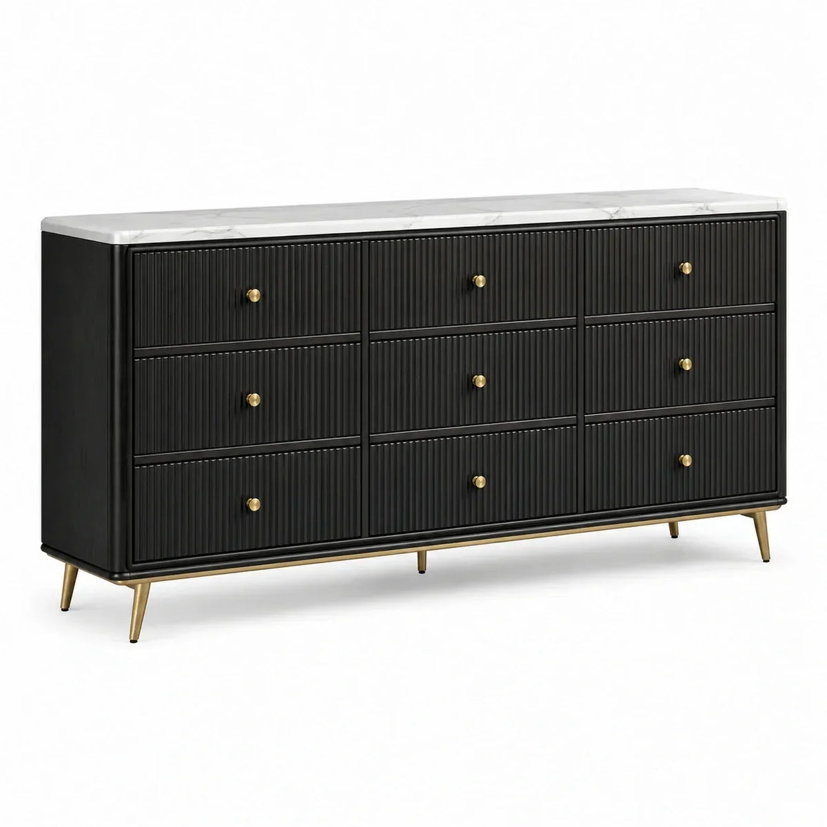 Cómoda de 9 cajones de madera y metal en negro con efecto mármol