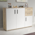 Cómoda Forte IKOLI 120, cómoda moderna, 3 puertas, 2 cajones, salón/dormitorio, pasillo, madera derivada, blanco con decoración de roble Sonoma, 119,6 cm de ancho x 81,7 cm de alto x 31,4 cm de fondo