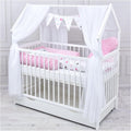 Set completo de cuna Baby Delux, cama casita de 60x120 cm, color blanco, con cajón, barrera anticaídas, colchón, ropa de cama y set de decoración (Prince Stars)