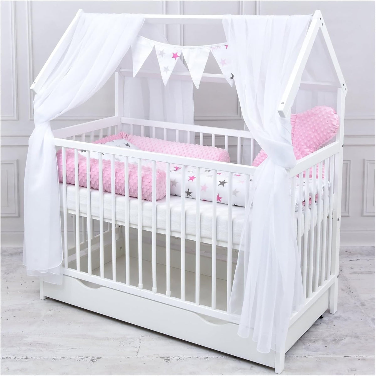 Set completo de cuna Baby Delux, cama casita de 60x120 cm, color blanco, con cajón, barrera anticaídas, colchón, ropa de cama y set de decoración (Prince Stars)