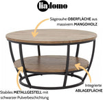 Couchtisch Gianna, rund 86cm, Wohnzimmertisch, Beistelltisch, Tischplatte aus Mangoholz, Metallgestell in Schwarz pulverbeschichtet, mit zusätzlicher Ablage, robust, pflegeleicht
