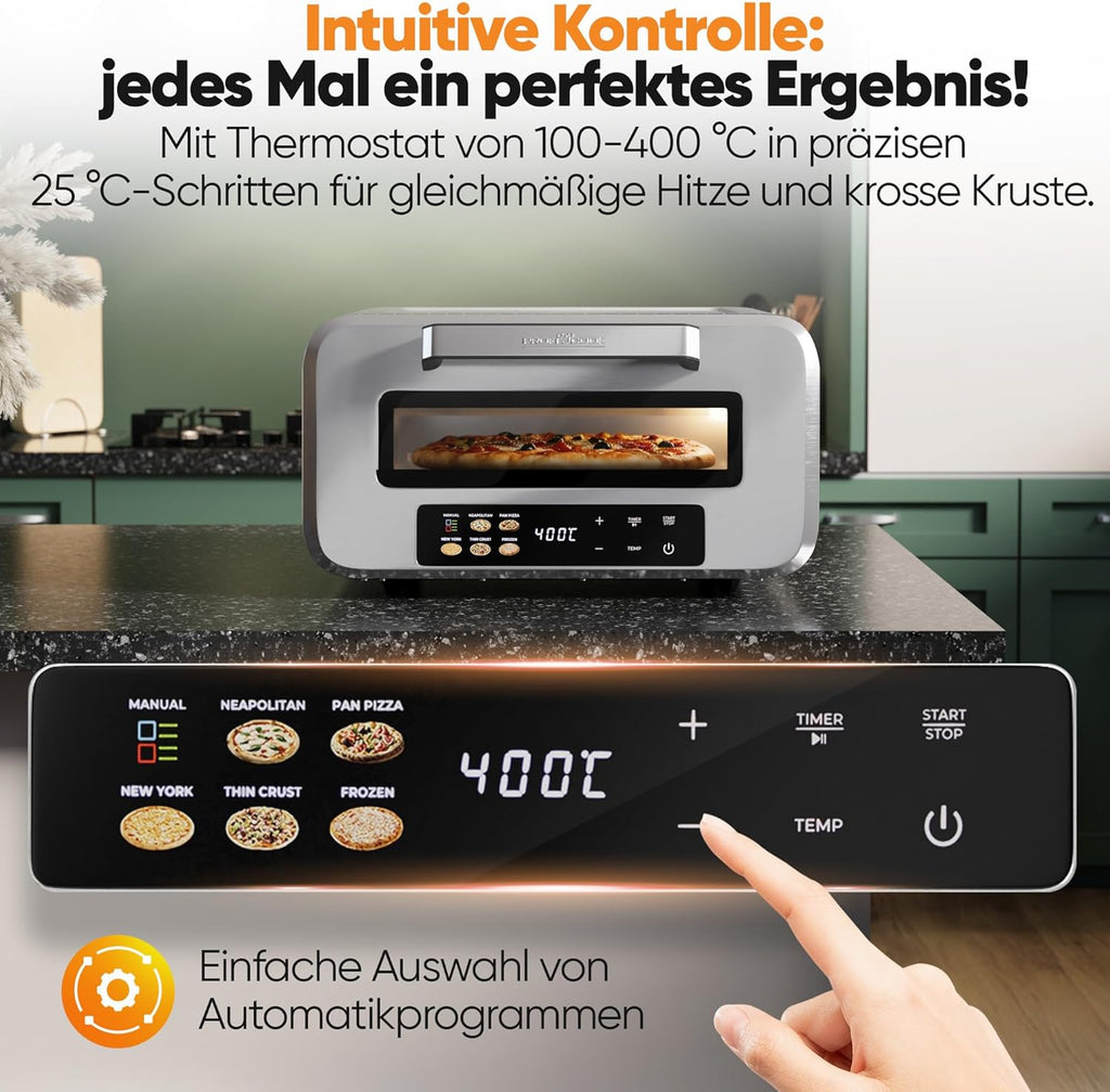 Horno para pizza eléctrico ProfiCook® | 400°C | piedra para pizza auténtica | incluye pala para pizza | ajuste variable de tiempo y temperatura | horno eléctrico para pizza | para pizza en menos de 5 min. | pizzera | PC PO 1323