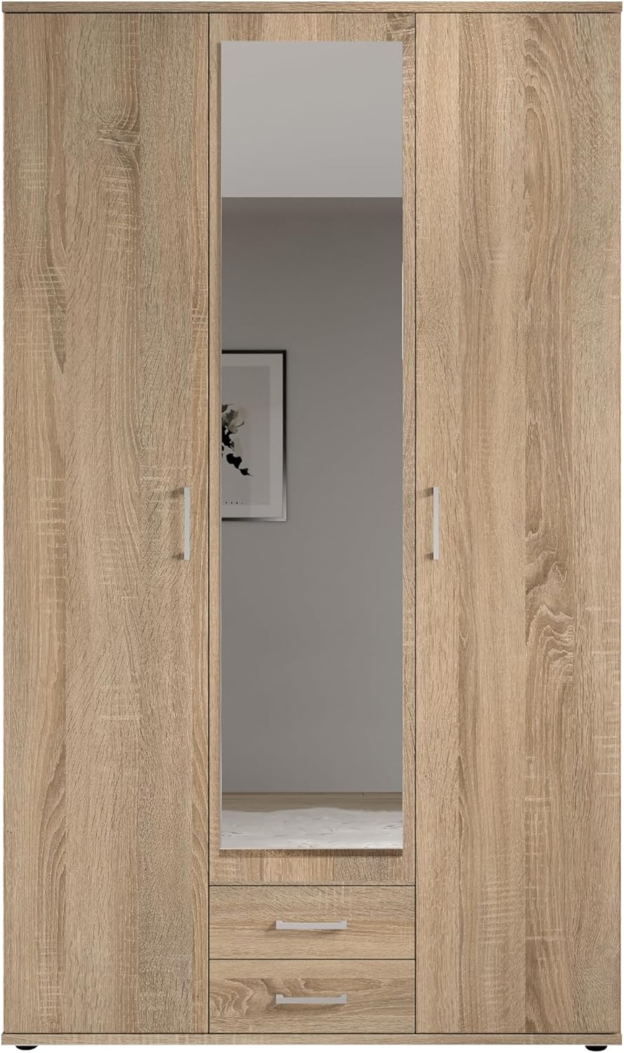 KARL Eleganter 3-türiger Kleiderschrank mit viel Stauraum - Mehrzweckschrank Sonoma Eiche mit Spiegeltür - 120 x 195 x 55 cm