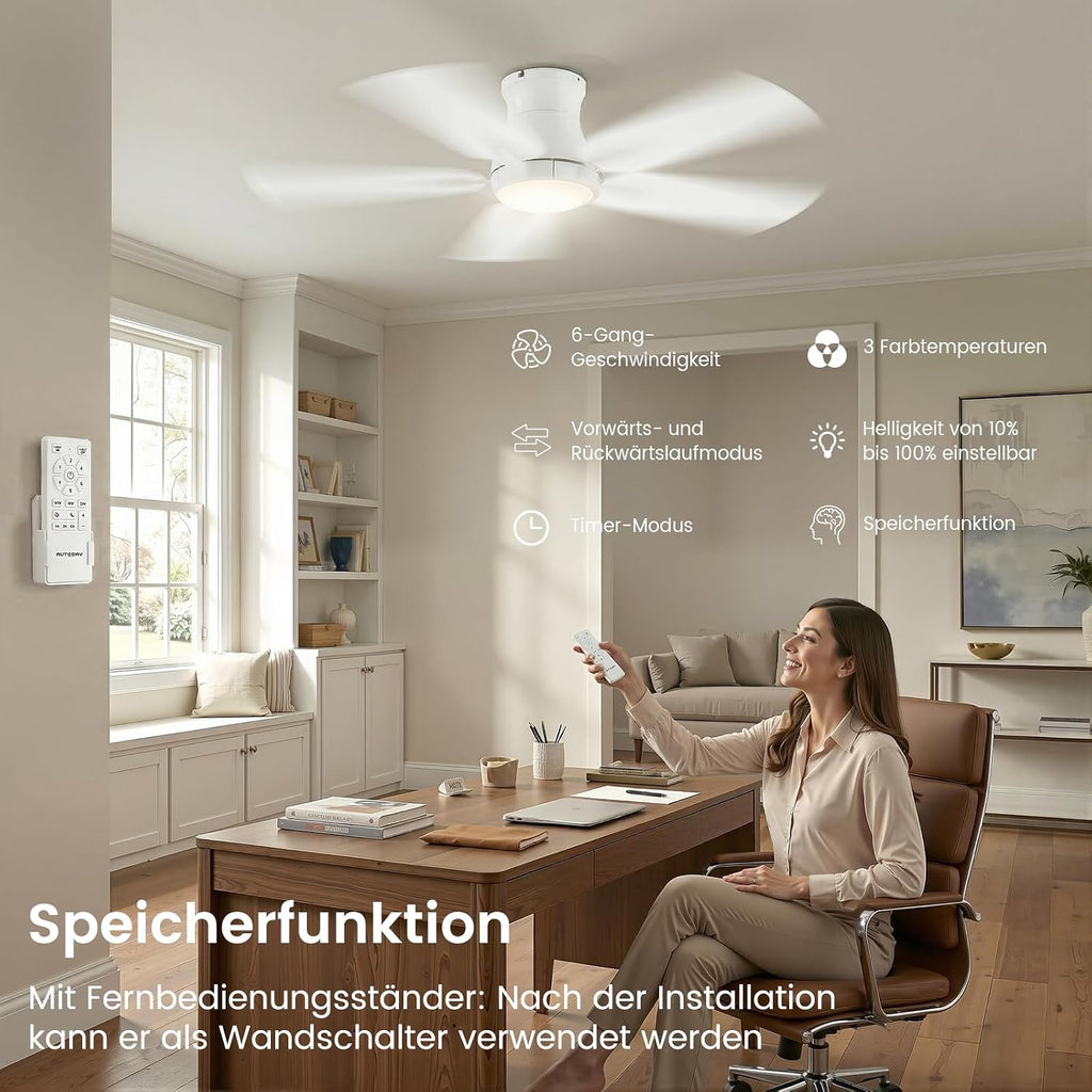 Deckenventilator Mit Beleuchtung, 122 Cm Deckenventilator Mit Fernbedienung, Leise DC-Reversible Motor, 3CCT Speicher, Dimmbar, 6 Geschwindigkeitsstufen, Timer, Für Schlafzimmer, Weiß