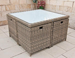 Ragnarök PolyRattan - DEUTSCHE Marke - EIGENE Produktion - 8 Jahre Garantie - Gartenmöbel Essgruppe Tisch 4 Stuhl Hocker 12 Polster Grau Rostfrei Aluminium Natur Dining Würfel Glas