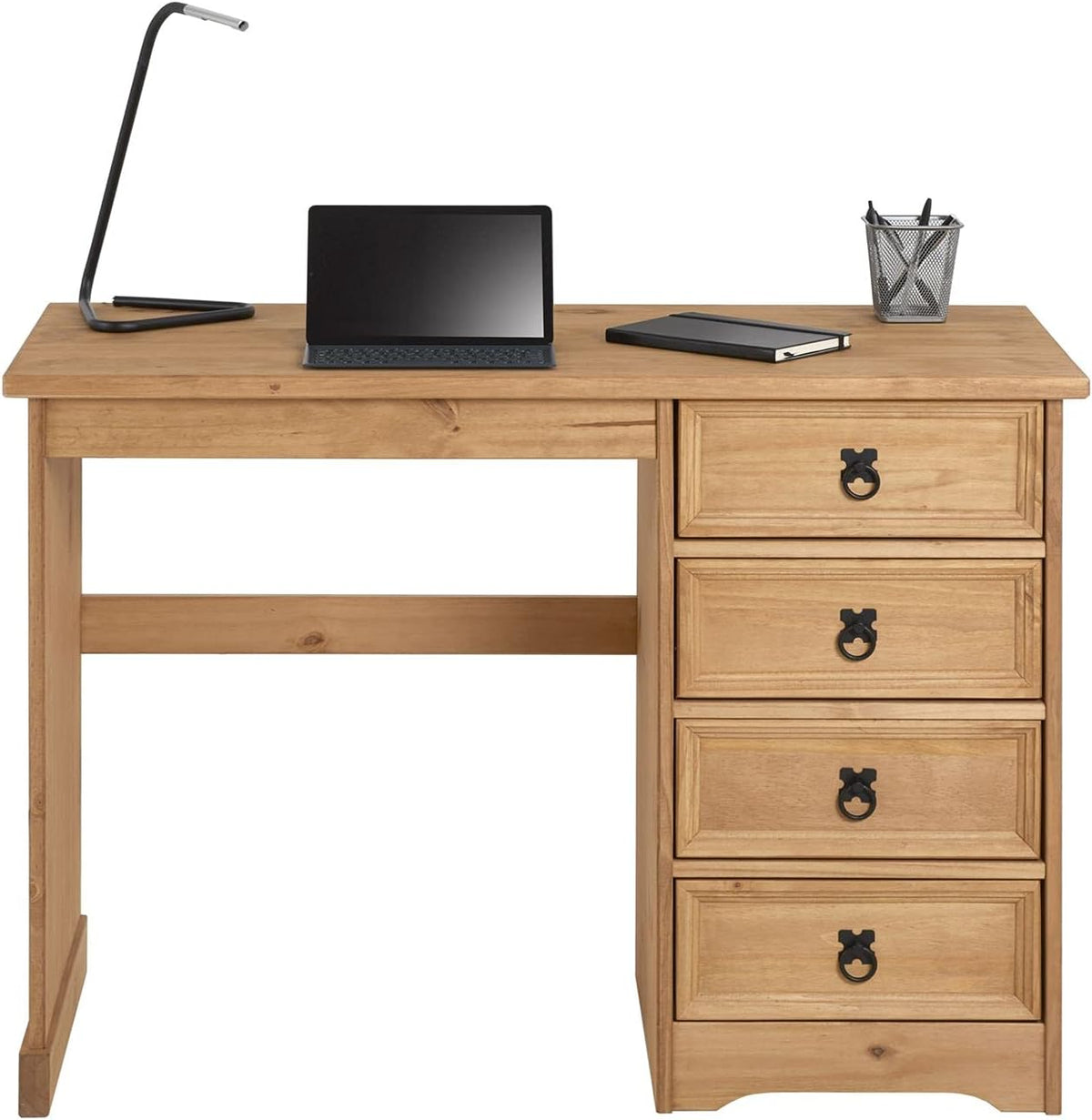 Escritorio CARO-Möbel Salsa de estilo mexicano, elegante mesa para computadora de pino macizo, escritorio de oficina con cajones, teñido y encerado