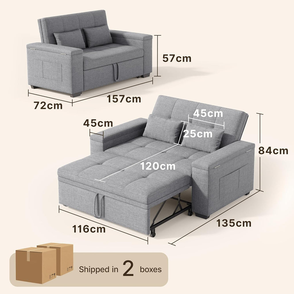 Sofá cama 3 en 1 Xbro, sofá de 2 plazas con función de cama, respaldo ajustable, tejido de lino con 2 cojines y bolsillos laterales, para salón, dormitorio u oficina, gris claro