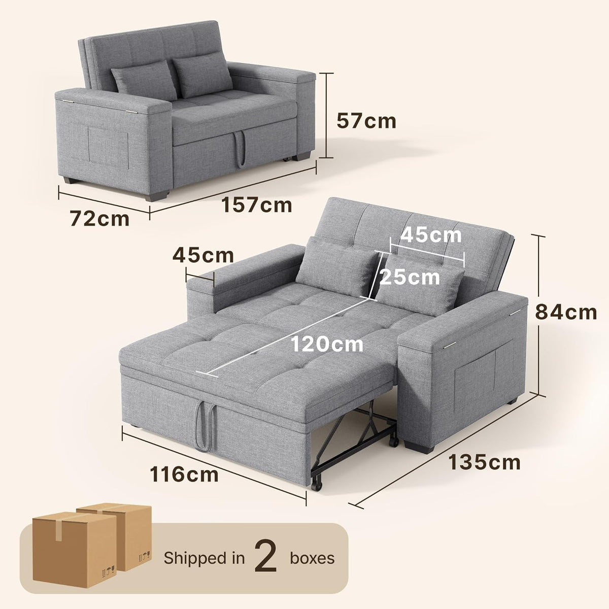 Sofá cama 3 en 1 Xbro, sofá de 2 plazas con función de cama, respaldo ajustable, tejido de lino con 2 cojines y bolsillos laterales, para salón, dormitorio u oficina, gris claro