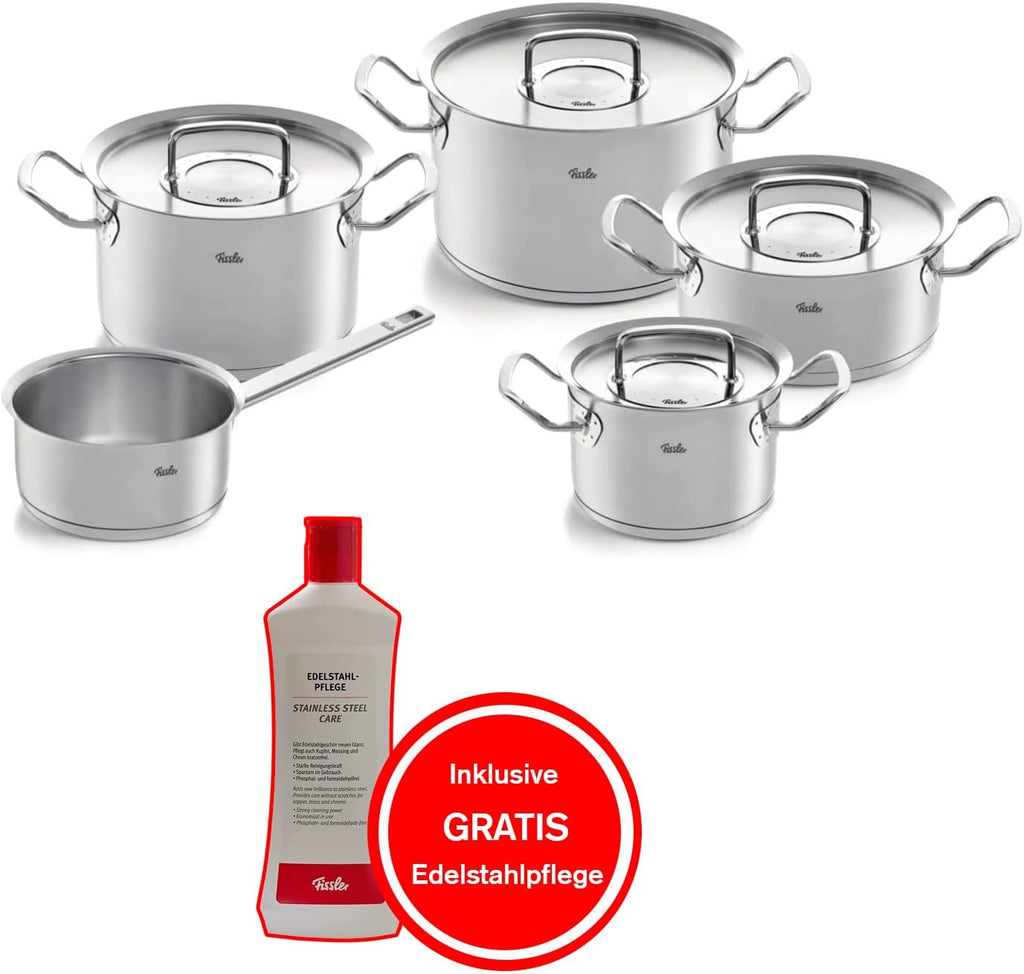 Juego de ollas Fissler Original-Profi Collection de acero inoxidable, 5 piezas, incl. tapas de metal + producto de limpieza de acero inoxidable gratis - Inducción [Exclusivo en Amazon]