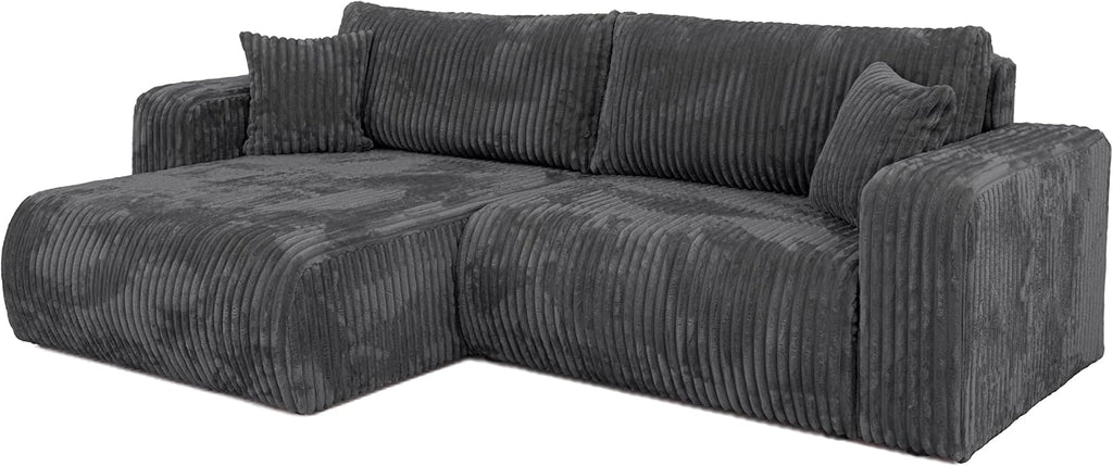 Sofá esquinero BROMARKT con función cama gris oscuro, sofá en forma de L de tela de pana con arcón, sofá cama para salón con espacio de almacenamiento, sofá esquinero de 3 plazas, conjunto de salón 244x148x82 cm TILIO