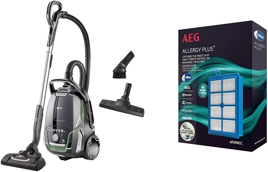 AEG VX9-2-ÖKO Staubsauger / 12 m / 850 Watt/nur 65 dB(A) / 5 l/schwarz/grün & AFS1W Allergy Plus Filter (Ideal für Allergiker, Filterwirkung mehr als 99%, saubere Luft, waschbar) blau/weiß