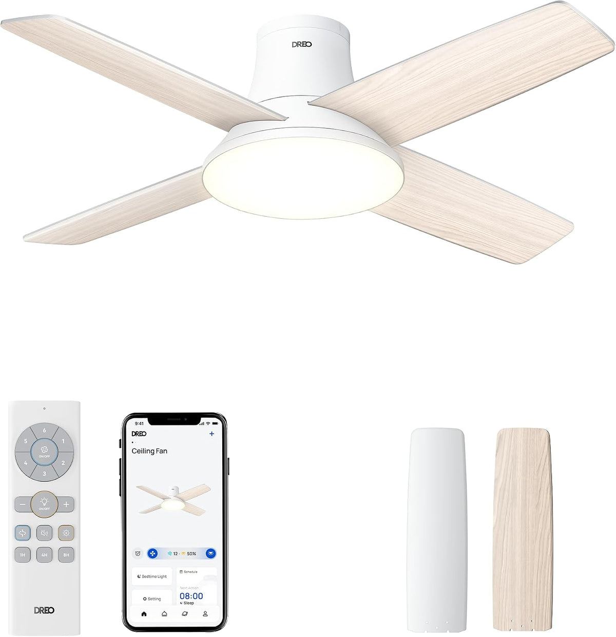 El ventilador de techo con luz DREO ofrece doce velocidades, tres modos y un motor de corriente continua silencioso. Montaje sencillo, LED regulable, mando a distancia y temporizador de 12 horas en color blanco.