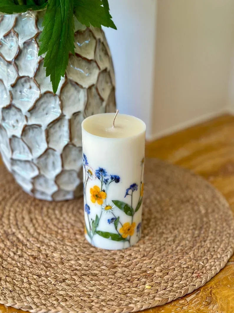 Vela de soja con estampado floral, vela aromática, 14 cm x 7 cm, 45–50 horas de duración