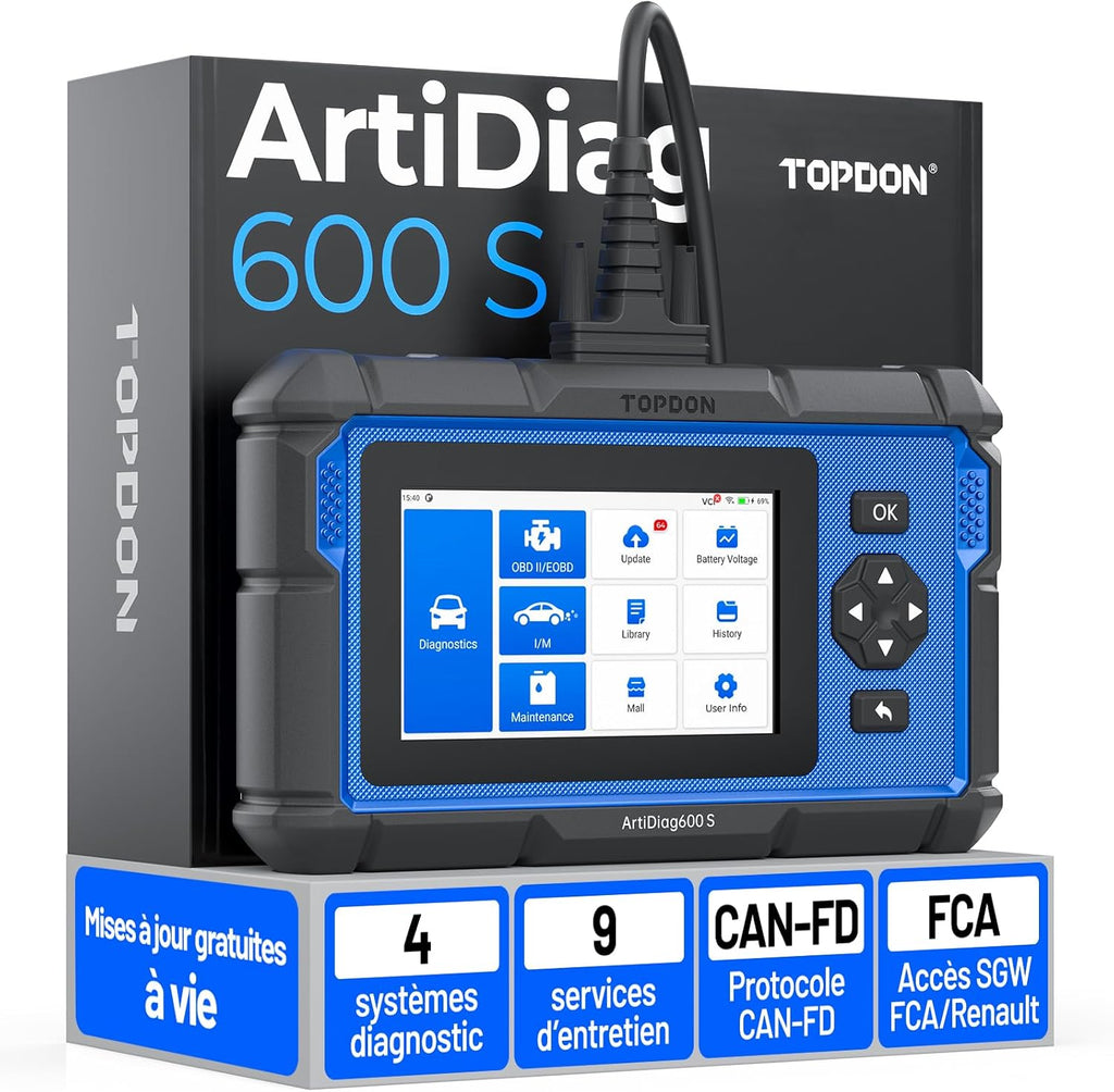 TOPDON ArtiDiag600S Escáner de diagnóstico OBD2, herramienta de diagnóstico de coche para 4 sistemas, 9 funciones de restablecimiento para aceite/frenos/SAS/BMS/ABS/DPF/TPMS/acelerador, funciones OBD2 completas