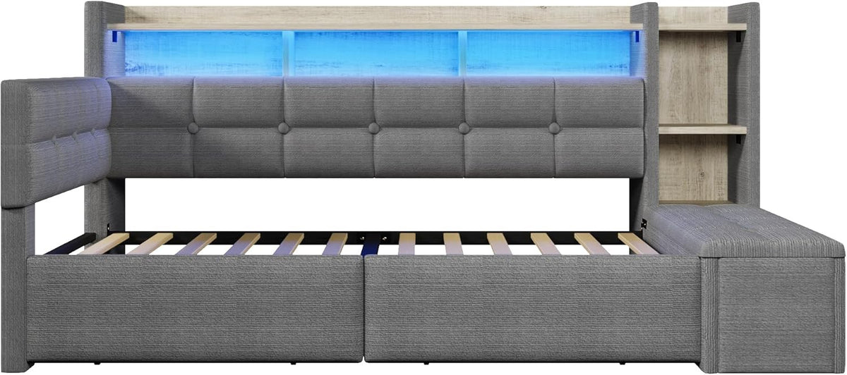 Cama nido, sofá cama, 90 × 190 cm, con dos cajones, puertos USB y tipo C, compartimento de almacenamiento, banco de almacenaje a los pies de la cama, tira de luz LED, sin colchón, terciopelo, gris oscuro