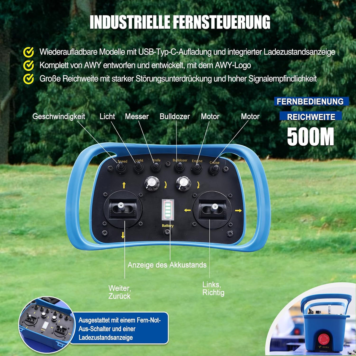 Cortacésped robótico de orugas, teledirigido, 4 × 4, híbrido, gasolina-eléctrico, corte de 21,6 pulgadas, cortacésped RC para pendientes del 100 % (45°) – área de corte de 0,75 acres (modelo con quitanieves)