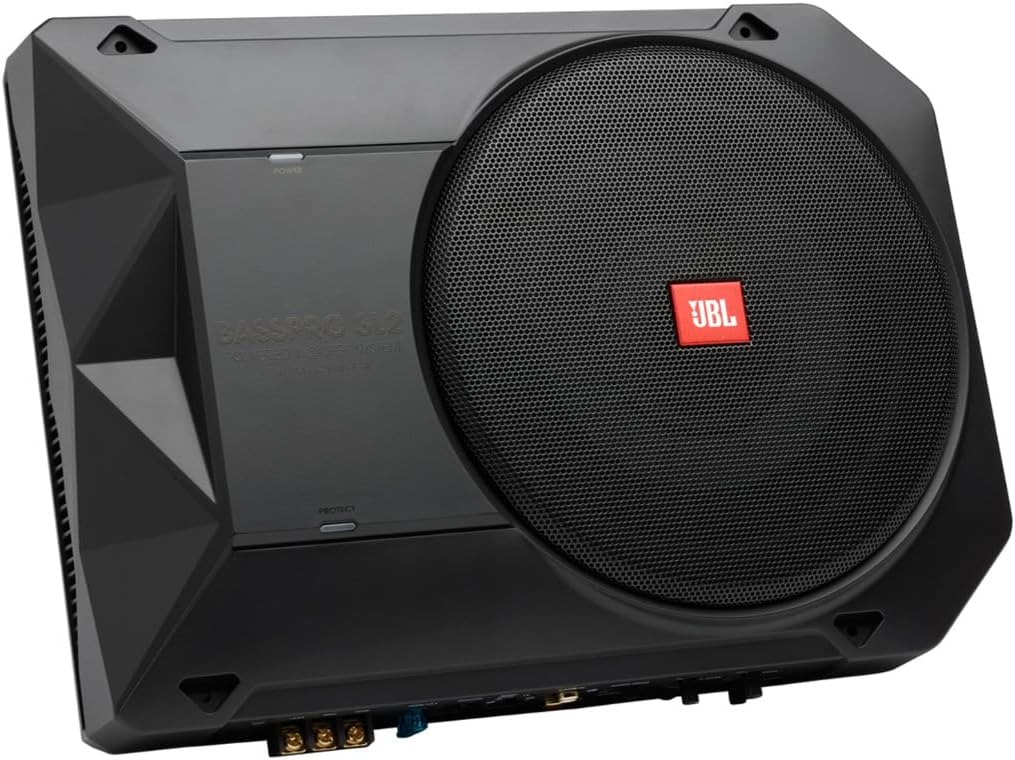 Subwoofer activo para coche JBL BassPro SL2 de 8 pulgadas bajo el asiento - Subwoofer para coche de 125 vatios con amplificador de potencia integrado, negro