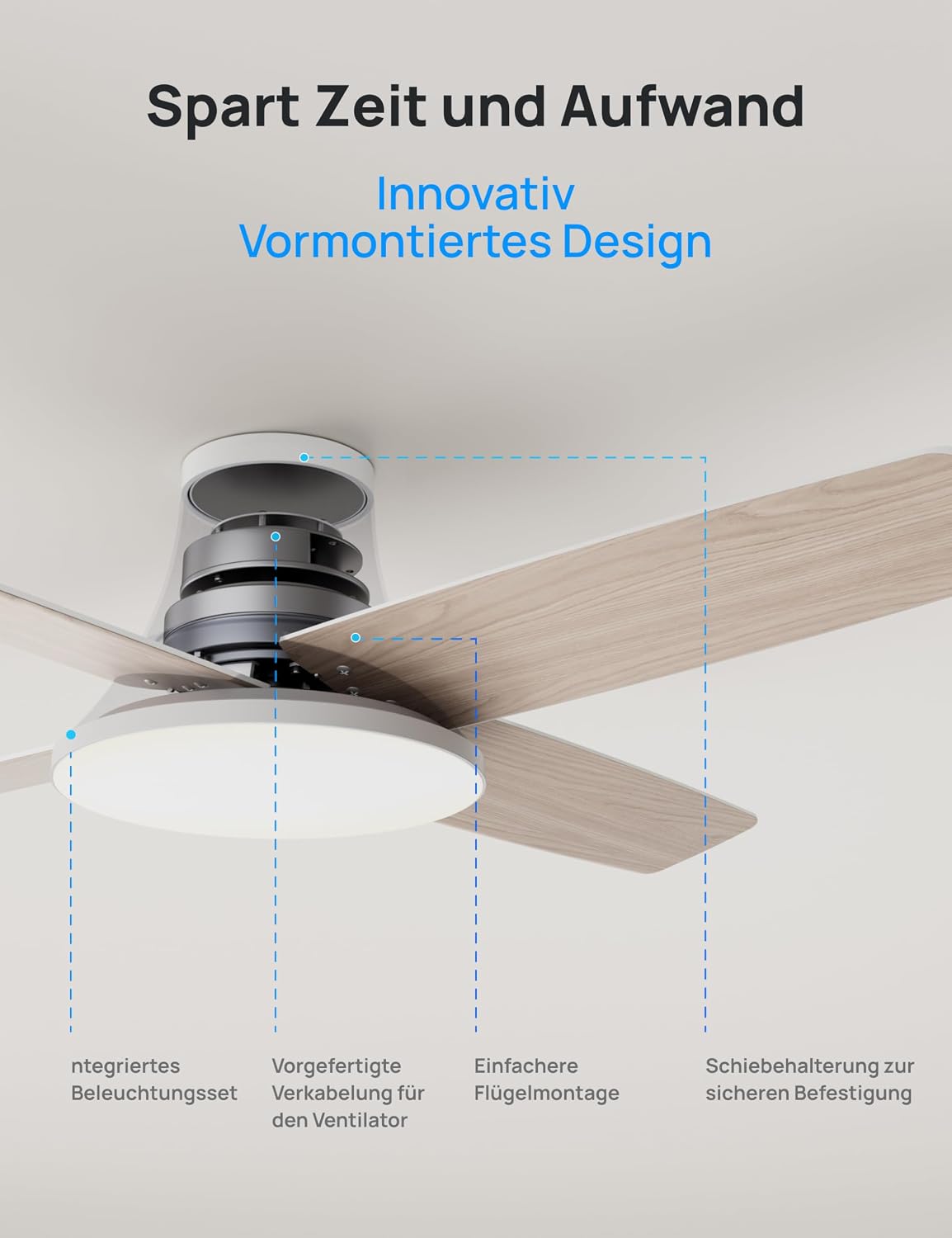El ventilador de techo con luz DREO ofrece doce velocidades, tres modos y un motor de corriente continua silencioso. Montaje sencillo, LED regulable, mando a distancia y temporizador de 12 horas en color blanco.