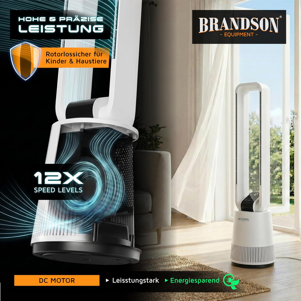 Brandson - Turmventilator DC ECO Line - DC Motor sehr leise - Sleep-Modus – mit Fernbedienung – 3 Modi – Oszillation – energieeffizient – für Schlafzimmer Büro Wohnzimmer Kinderzimmer