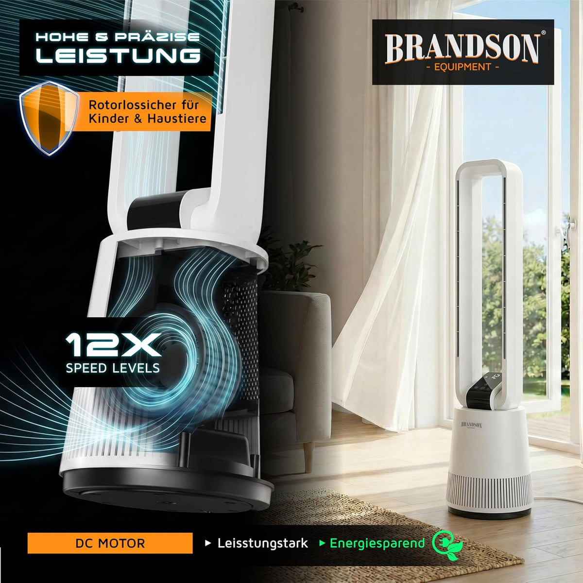 Brandson - Turmventilator DC ECO Line - DC Motor sehr leise - Sleep-Modus – mit Fernbedienung – 3 Modi – Oszillation – energieeffizient – für Schlafzimmer Büro Wohnzimmer Kinderzimmer