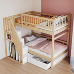 Litera 90x200 para 2 niños, cama alta infantil con escalera, armario de almacenamiento y cajón, cama funcional, litera, cama alta juvenil con 2 somieres, madera maciza, sin colchón, color madera